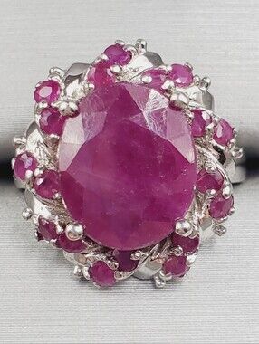 Genuine Oval Ruby Halo 925 Sterling Silver Statement Ring